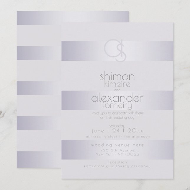 Invitation Monogramme moderne |Bandes Shimmer Argent Violet (Devant / Derrière)