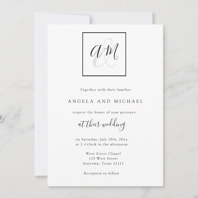 Invitation Monogramme moderne Black & White Wedding Invitatio (Devant)