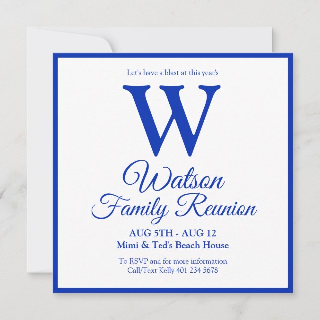 Invitation Monogramme moderne Bleu Stripes Réunion familiale (Devant)