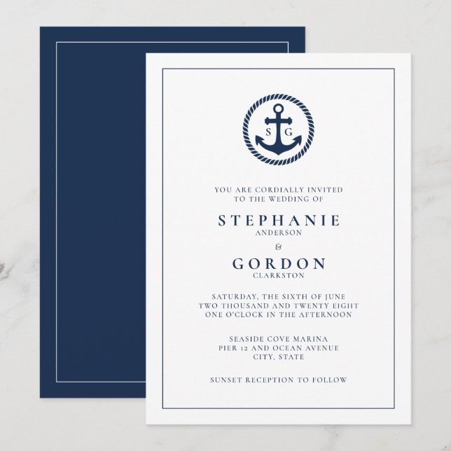 Invitation Monogramme moderne Mariage nautique (Devant / Derrière)