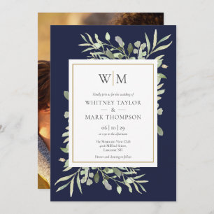 Invitation Monogramme moderne Marine Blue Greenery Mariage ph