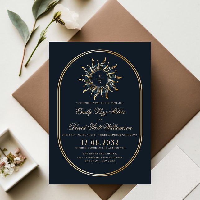 Invitation Monogramme mystique bleu or de la marine céleste (Créateur téléchargé)