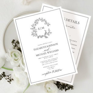Invitation Monogramme noir blanc Crest Détails Mariage