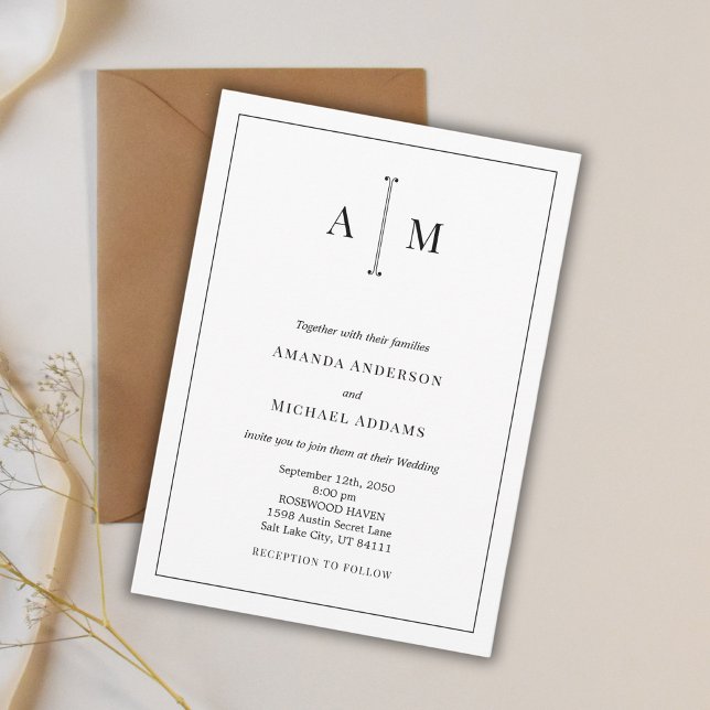 Invitation Monogramme noir blanc minimum Mariage simple front (Créateur téléchargé)