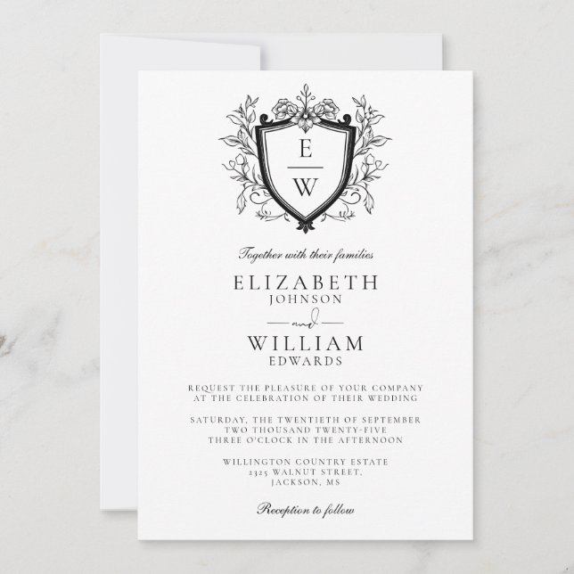 Invitation Monogramme noir et blanc Cimier Code QR Mariage (Devant)