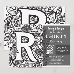 Invitation Monogramme noir et blanc Fleurs de tatouage Annive