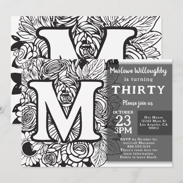Invitation Monogramme noir et blanc Fleurs de tatouage Annive (Devant / Derrière)