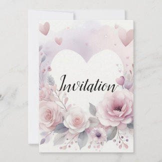 Invitation Monogramme nom cœurs floraux aquarelle romantique