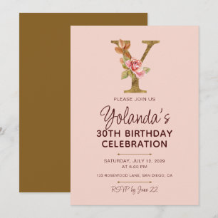 Invitation Monogramme Or Lettre Y en Or avec Roses Rose Pâle