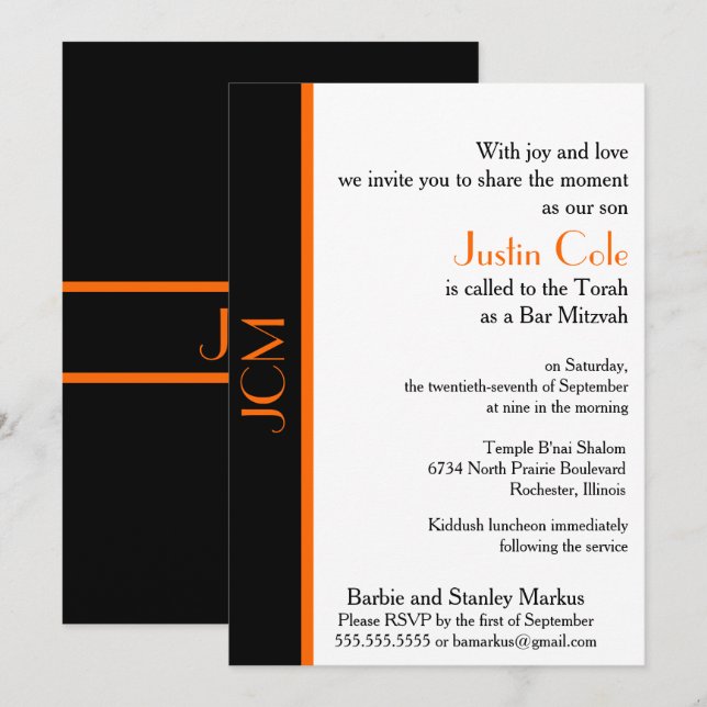 Invitation Monogramme Orange Black Bar Mitzvah (Devant / Derrière)