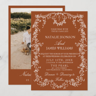 Invitation Monogramme Orange Brûlé Floral Terracotta Mariage