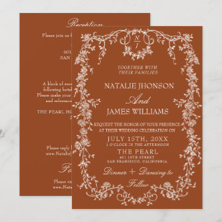 Invitation Monogramme Orange Brûlé Floral Tout En Un Mariage