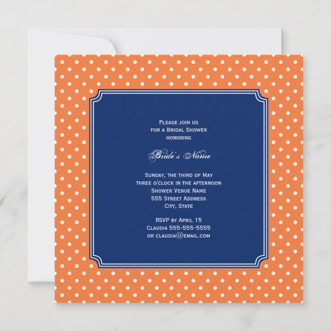 Invitation Monogramme Orange, Pointe blanche Polka avec Bleu  (Devant)