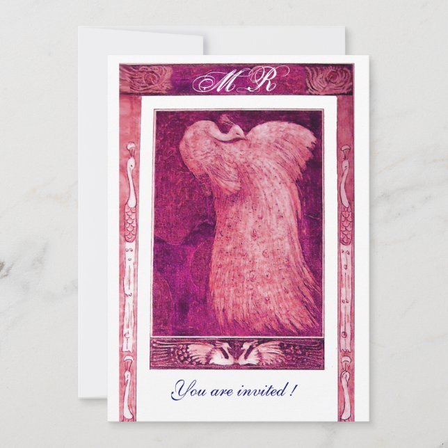Invitation MONOGRAMME PAON AMOUR MARIAGE , rose rouge blanc (Devant)