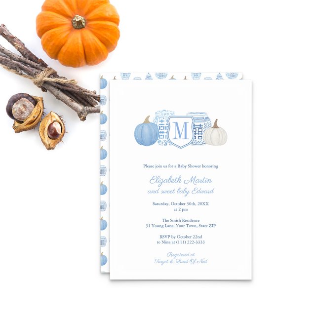 Invitation Monogramme Petit Citrouille Sur Le Chemin Baby sho (Blue And White Monogram Pumpkins Ginger Jar Baby Shower Party Invitation)