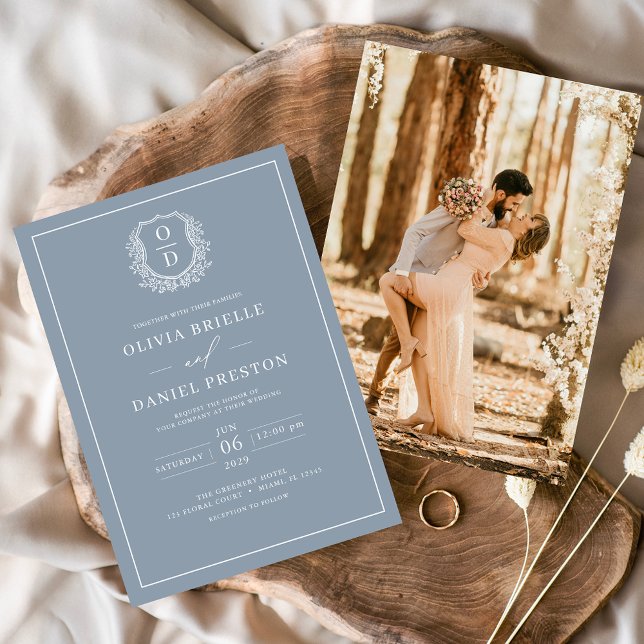 Invitation Monogramme photo Mariage de la crête feuilletée bl (Créateur téléchargé)