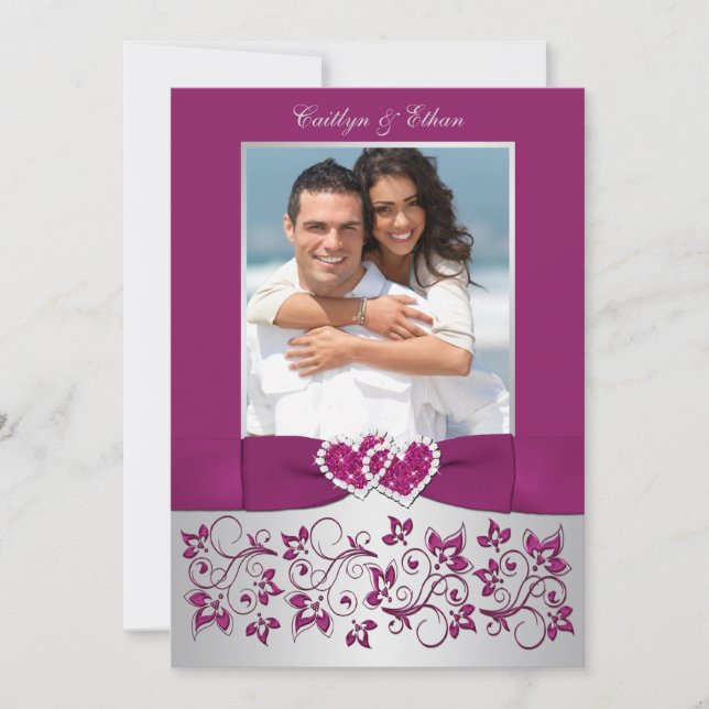 Invitation Monogramme Purple Argent Floral PHOTO Mariage Invi (Devant)