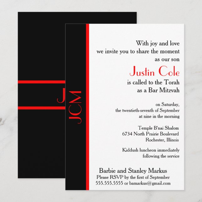 Invitation Monogramme Red Black Bar Mitzvah en blanc (Devant / Derrière)