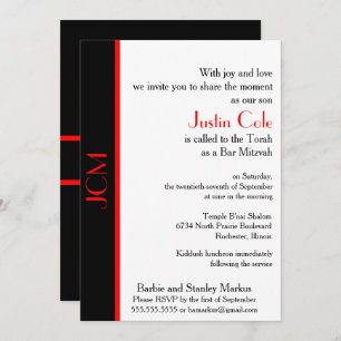 Invitation Monogramme Red Black Bar Mitzvah en blanc