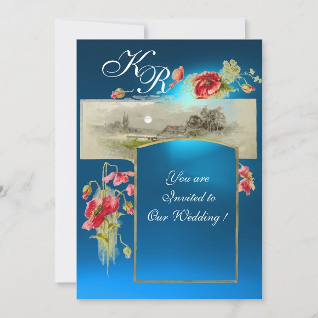 Invitation MONOGRAMME ROMANTİC /POPPIES, rouge, saphir bleu v (Devant)