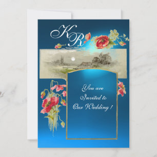 Invitation MONOGRAMME ROMANTİC /POPPIES, rouge, saphir bleu v