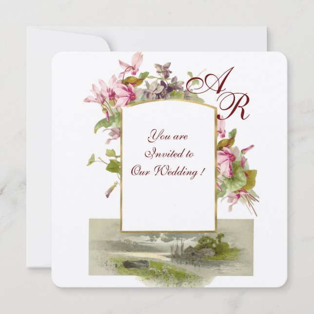 Invitation MONOGRAMME ROMANTİCA, CYCLAMENS ROSES, Argent Flor (Devant)