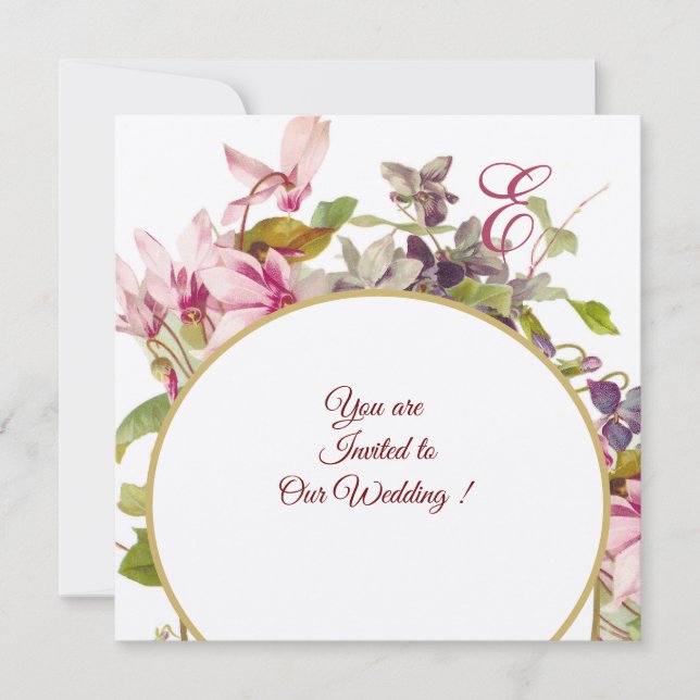 Invitation MONOGRAMME ROMANTİCA, CYCLAMENS ROSES, Floral (Devant)