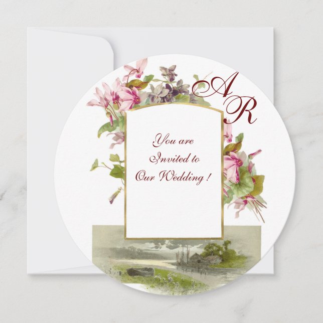 Invitation MONOGRAMME ROMANTİCA, CYCLAMENS ROSES, Floral (Devant)