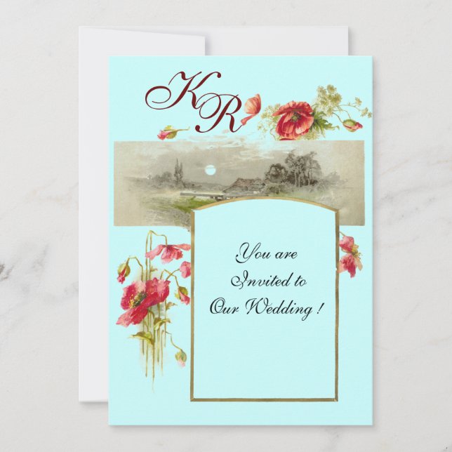 Invitation MONOGRAMME ROMANTİCA / POPIES, rouge, vert, bleu (Devant)