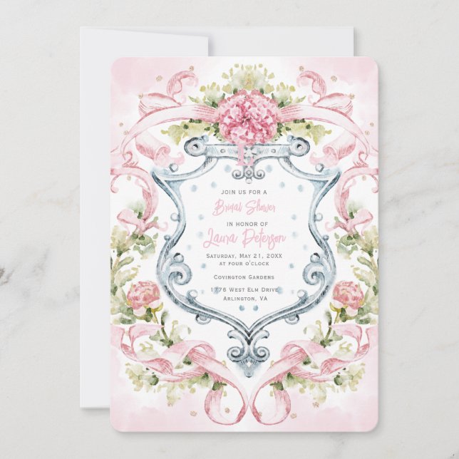 Invitation Monogramme romantique de crête florale | Mariée (Devant)