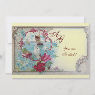 Invitation MONOGRAMME ROMANTIQUE, glace blanche rose rouge