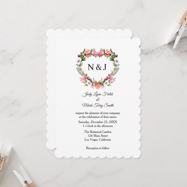 Invitation Monogramme Romantique Rose coeur floral (Devant/Arrière en situation)
