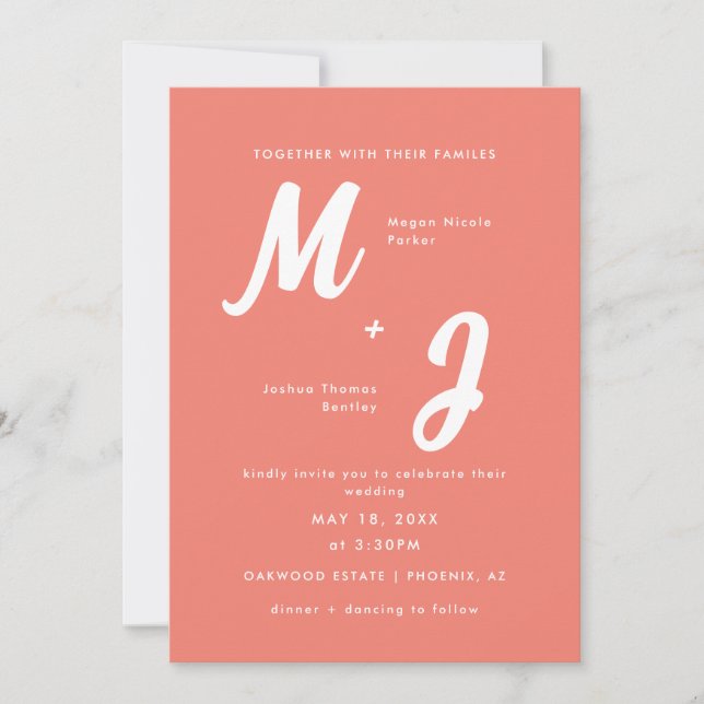 Invitation Monogramme rose corail moderne Mariage tout-en-un (Devant)