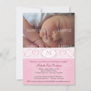 Invitation Monogramme rose Damas Baptême/Christening