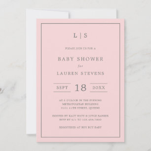 Invitation Monogramme rose et gris simple Baby shower fille