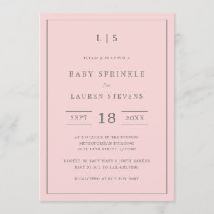 Invitation Monogramme rose et gris simple Fille Bébé saupoudr
