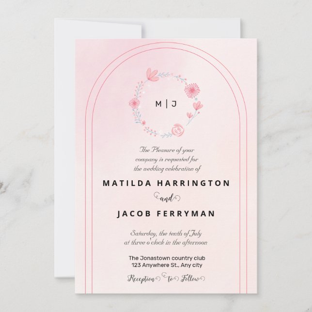 Invitation Monogramme rose et vert; couronne florale (Devant)