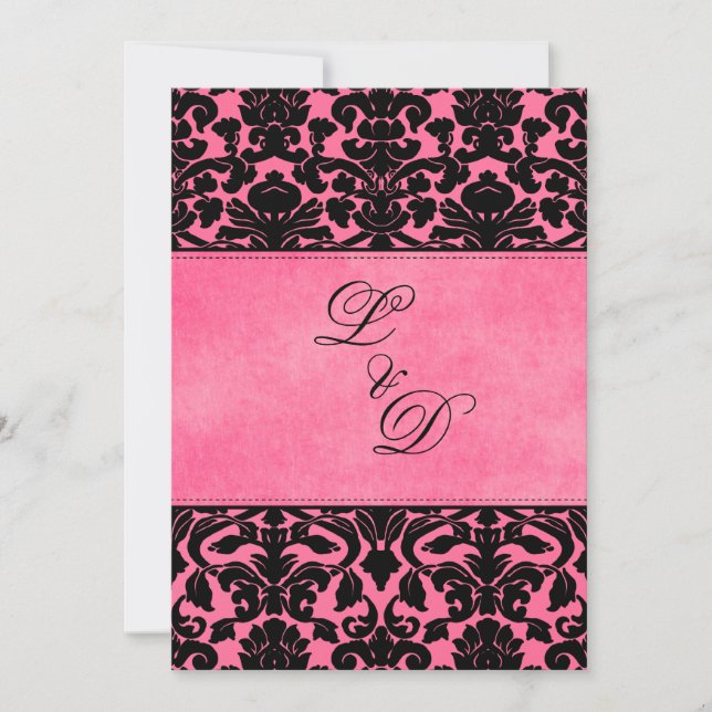 Invitation Monogramme Rose, Mariage damassé Noir (Devant)