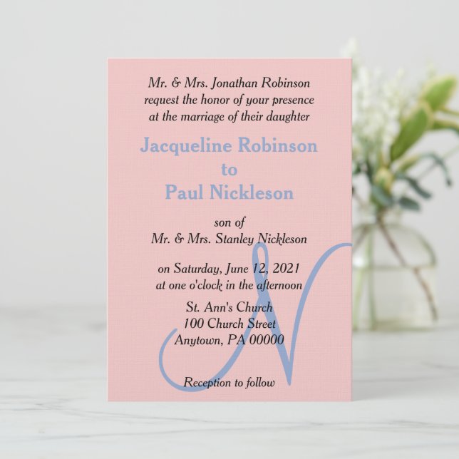 Invitation Monogramme rose Pink Blue Pastel (Debout devant)