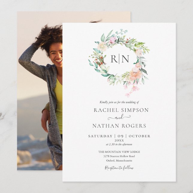 Invitation Monogramme Rose verdure Floral Photo Mariage (Devant / Derrière)