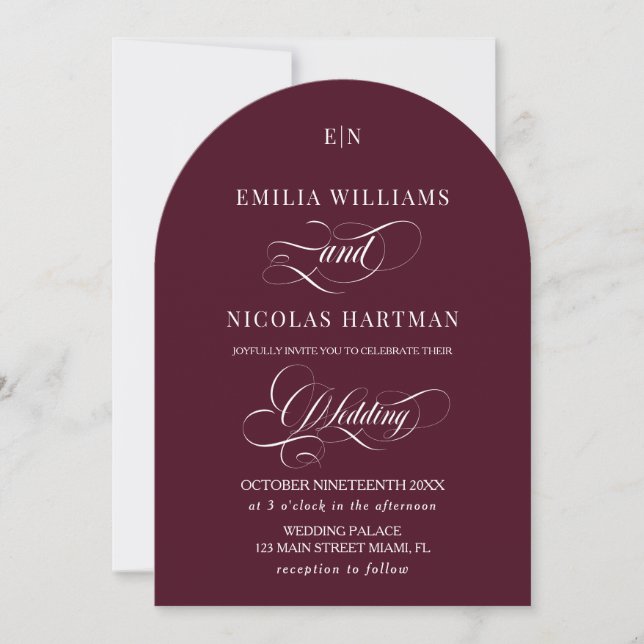 Invitation Monogramme rouge de Bourgogne Mariage classique (Devant)