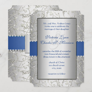 Invitation Monogramme Royal Blue Silver Swirl Mariage