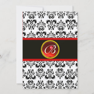 Invitation MONOGRAMME RUBIS ROUGE DAMAS, noir et blanc