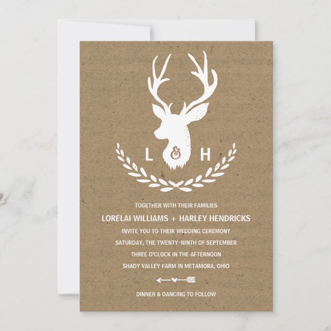 Invitation Monogramme rustique | Mariage Kraft Paper Stag (Devant)