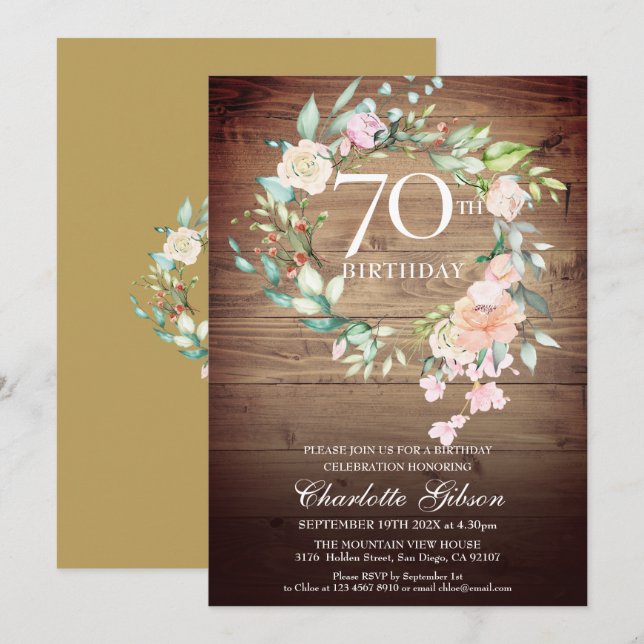 Invitation Monogramme rustique Rose de Garland 70e anniversai (Devant / Derrière)