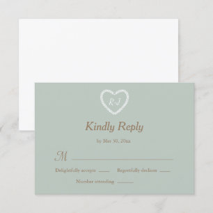 Invitation Monogramme Sage Blanc Coeur Or Formé Mariage RSVP