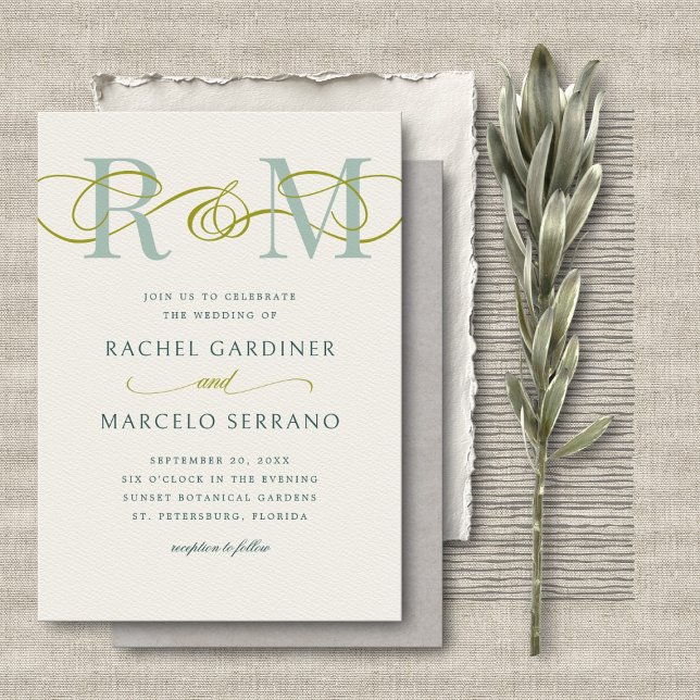 Invitation Monogramme Sage Olive Green QR Code Mariage (Créateur téléchargé)