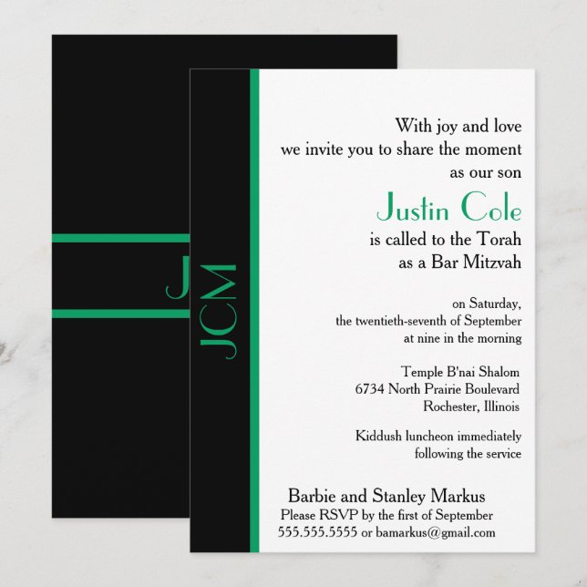 Invitation Monogramme Shamrock Vert Black Bar Mitzvah (Devant / Derrière)