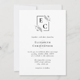 Invitation Monogramme Simple Chic noir blanc Mariage botaniqu
