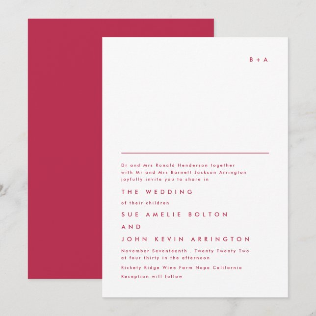 Invitation Monogramme simple élégant Magenta rouge (Devant / Derrière)